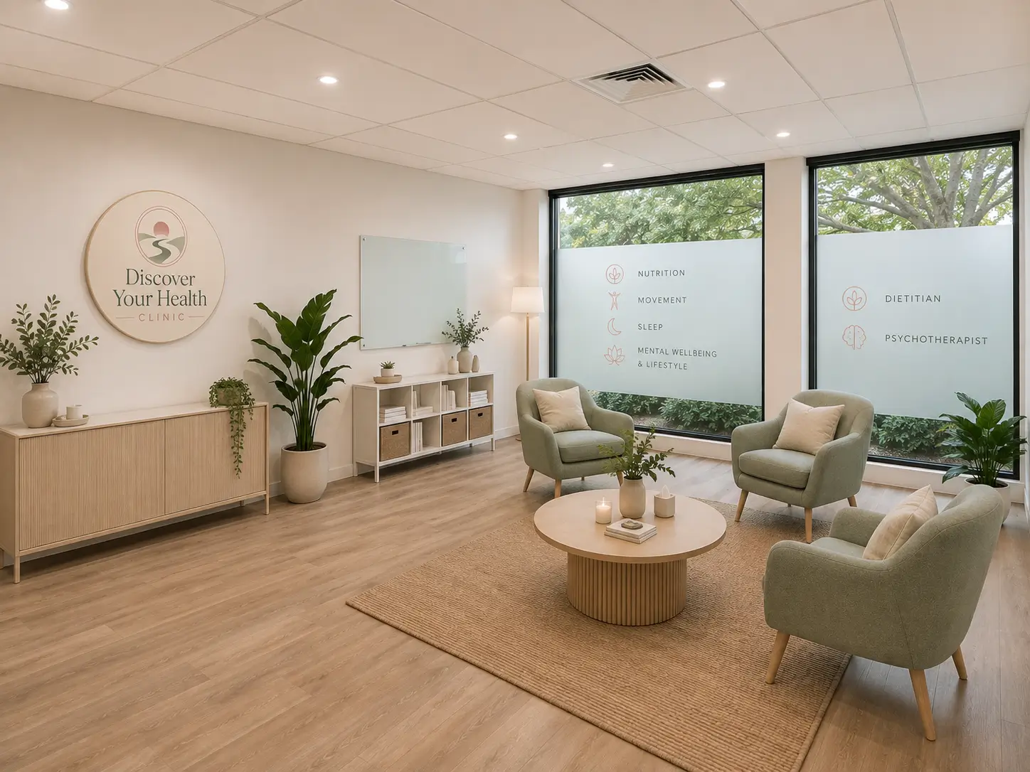 Extra large consulting and group space at Discover Your Health, set up for day rental